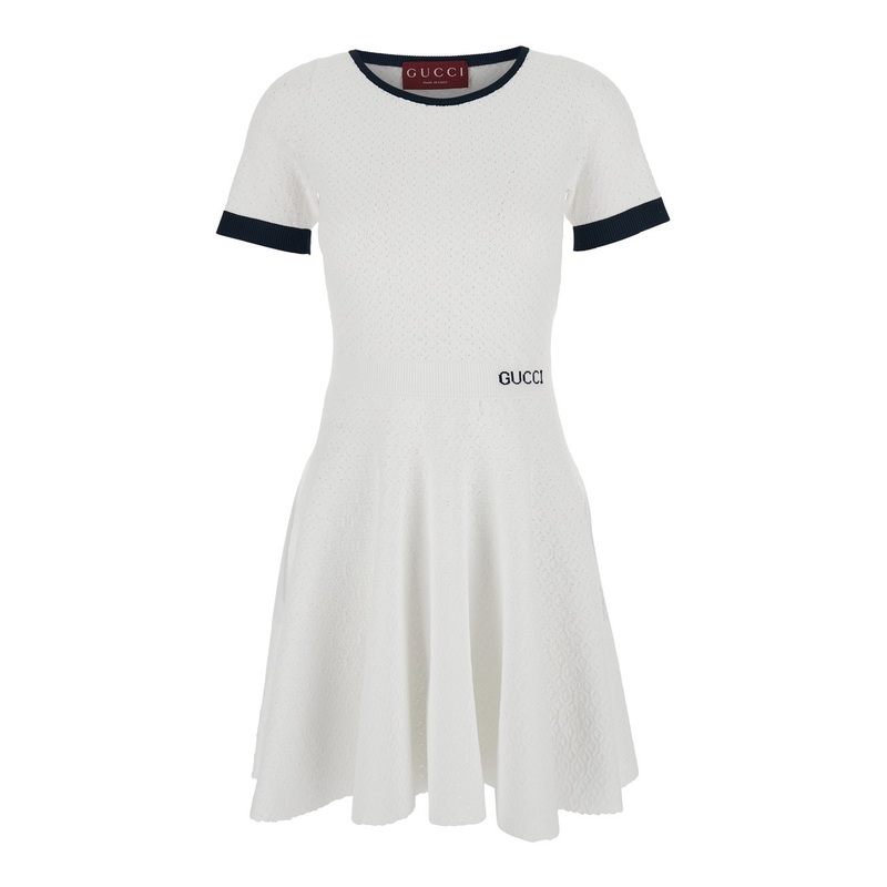 White Flared Dress with Logo Lettering Embroidery on the Front in Viscose Blend Woman