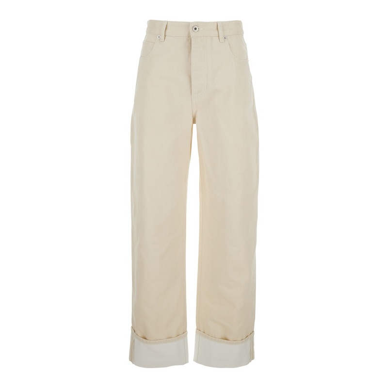 White Jeans with Cuffs on the Edges and Removable Patch with Hare on the Back in Denim Woman