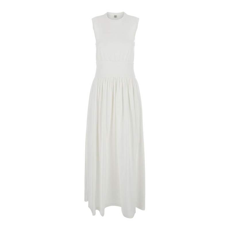 White Long Crew-Neck Dress with Ruffled Details in Cotton Woman