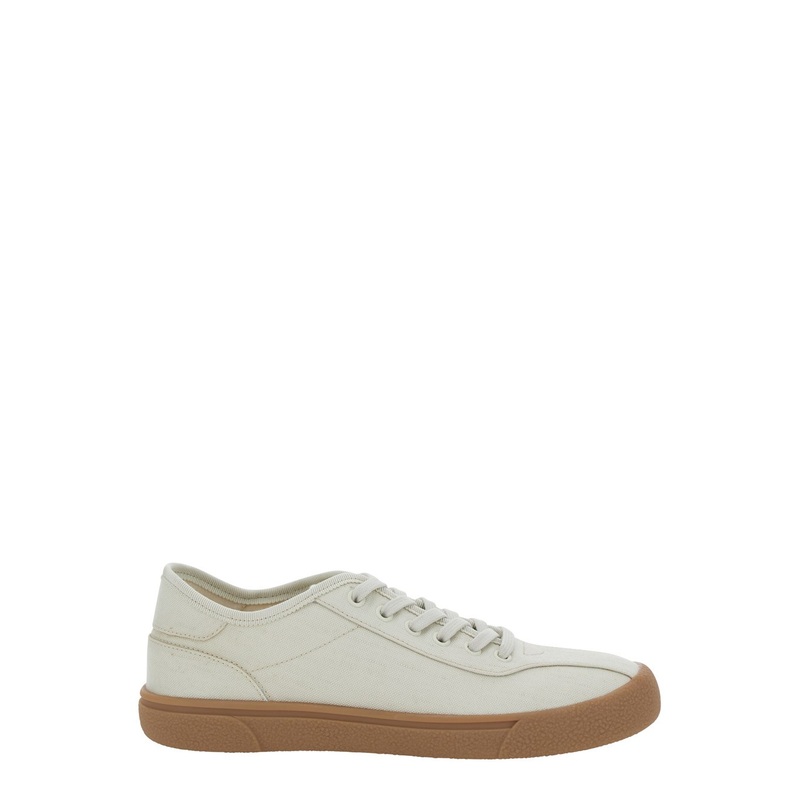 White Low Top Sneakers with Flat Contrasting Sole in Canvas Woman