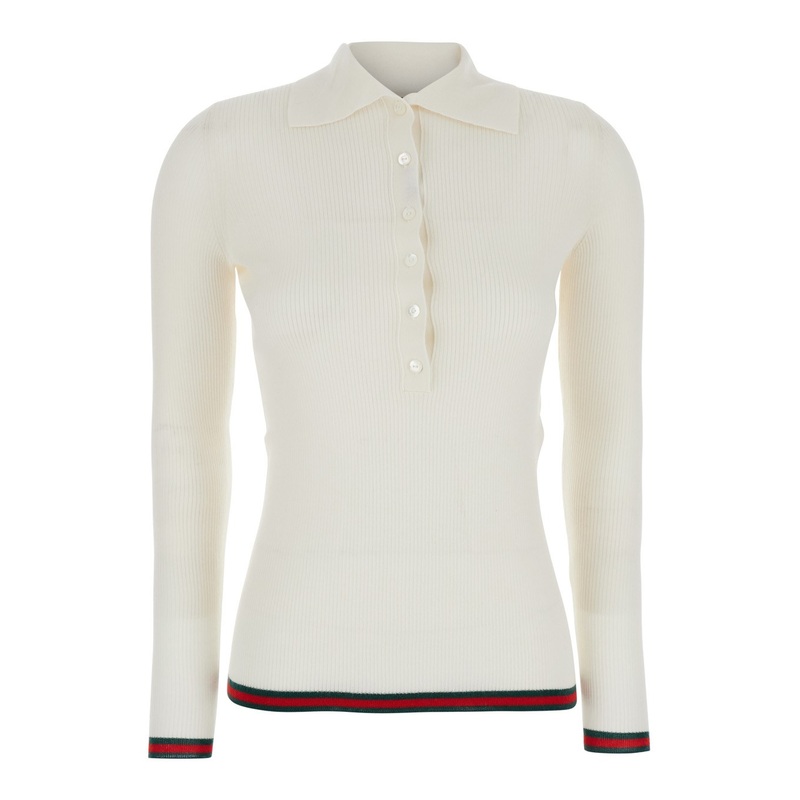 White Polo Shirt with Spread Collar and Web Detailed Trims in Cashmere and Silk Blend Woman