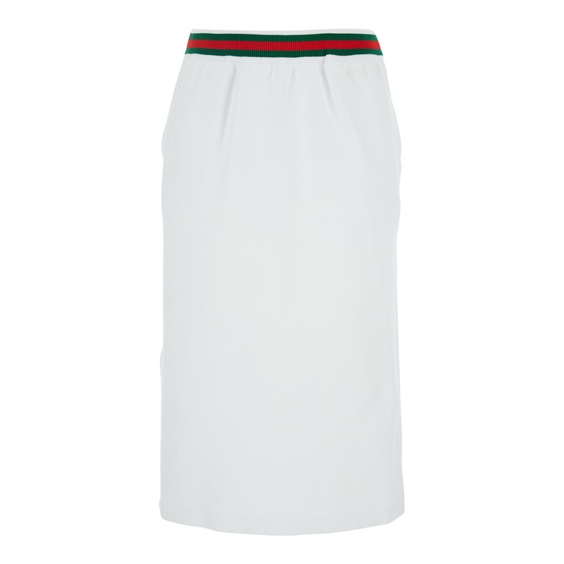 White Skirt with Web Detail on the Waist and Logo Lettering Embroidery on the Front in Cotton Woman