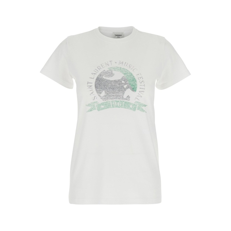 White T-Shirt with Graphic Print on the Front in Cotton Woman