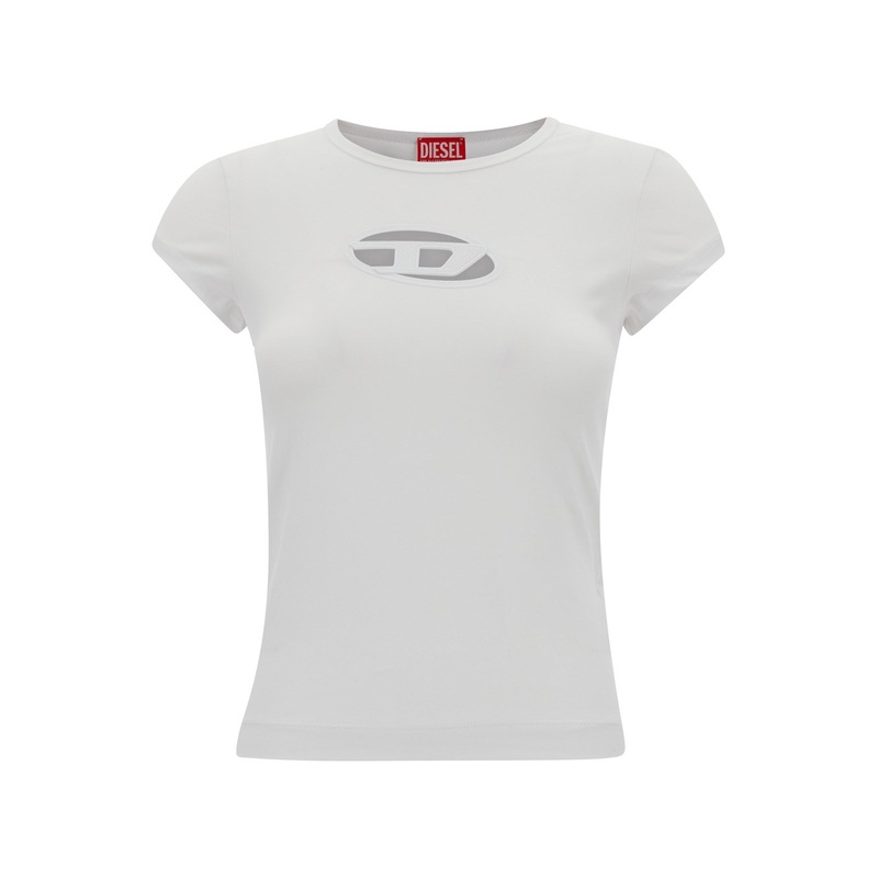 White T-Shirt with Oval D Cut Out Detail in Stretch Cotton Woman