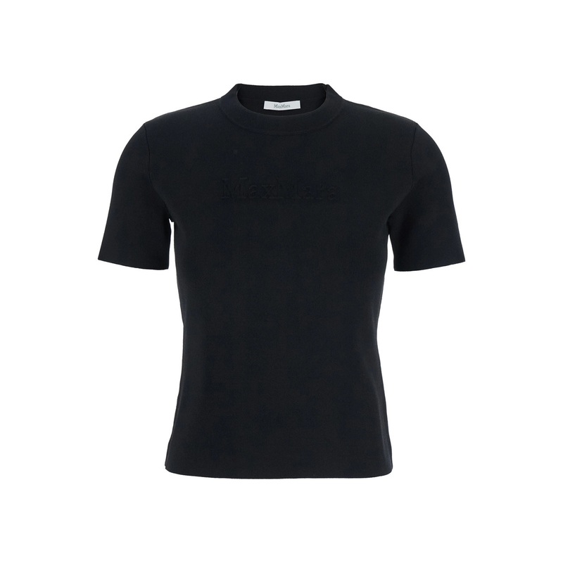 ‘Adelio’ Black Crewneck T-Shirt with Tonal Logo Lettering Embroidery on the Front in Viscose Blend Woman