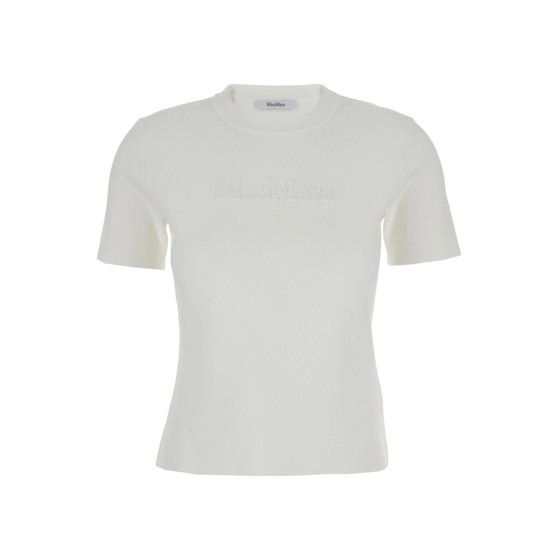 ‘Adelio’ White Crewneck T-Shirt with Tonal Logo Lettering Embroidery on the Front in Viscose Blend Woman