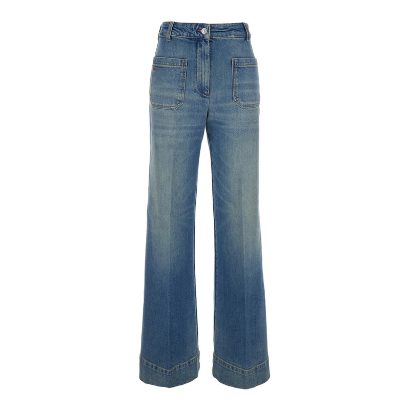 ‘Alina’ Blue Jeans with Belt loops and Logo Embroidery on the Pocket in Denim Woman