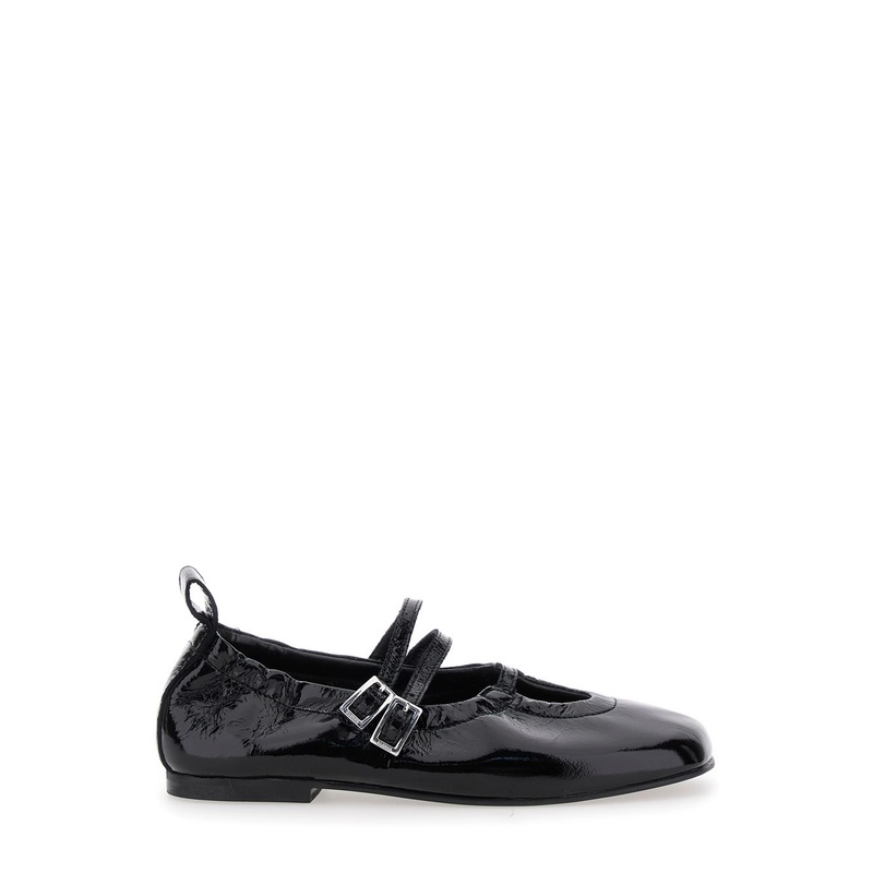‘Anne Onix’ Black Ballet Shoes with Straps Closure and Elastic Design in Patent Leather Woman