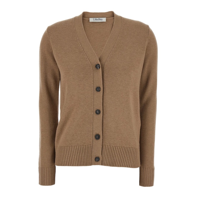 ‘Apollo’ Beige Cardigan with V Neck and Logo Patch on the Elbows in Wool Woman