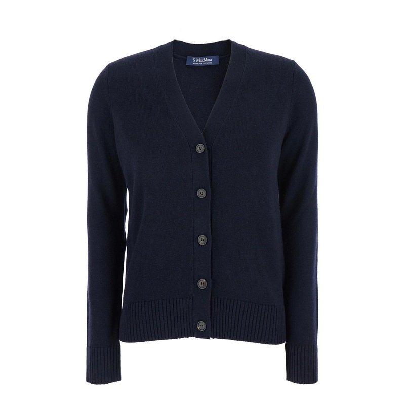 ‘Apollo’ Blue Cardigan with V Neck and Logo Patch on the Elbows in Wool Woman