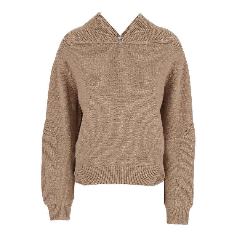Beige Knit Sweater with V Neck on Front and Rear in Cashmere and Wool Woman