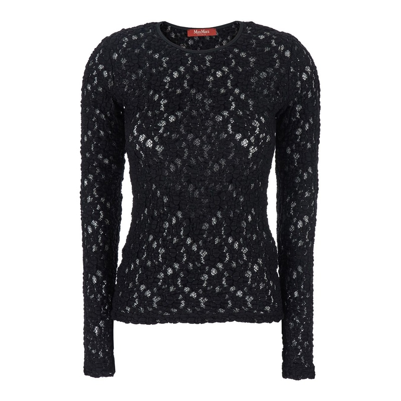 Black Crewneck Top with All-Over Embroidery in Fabric Woman