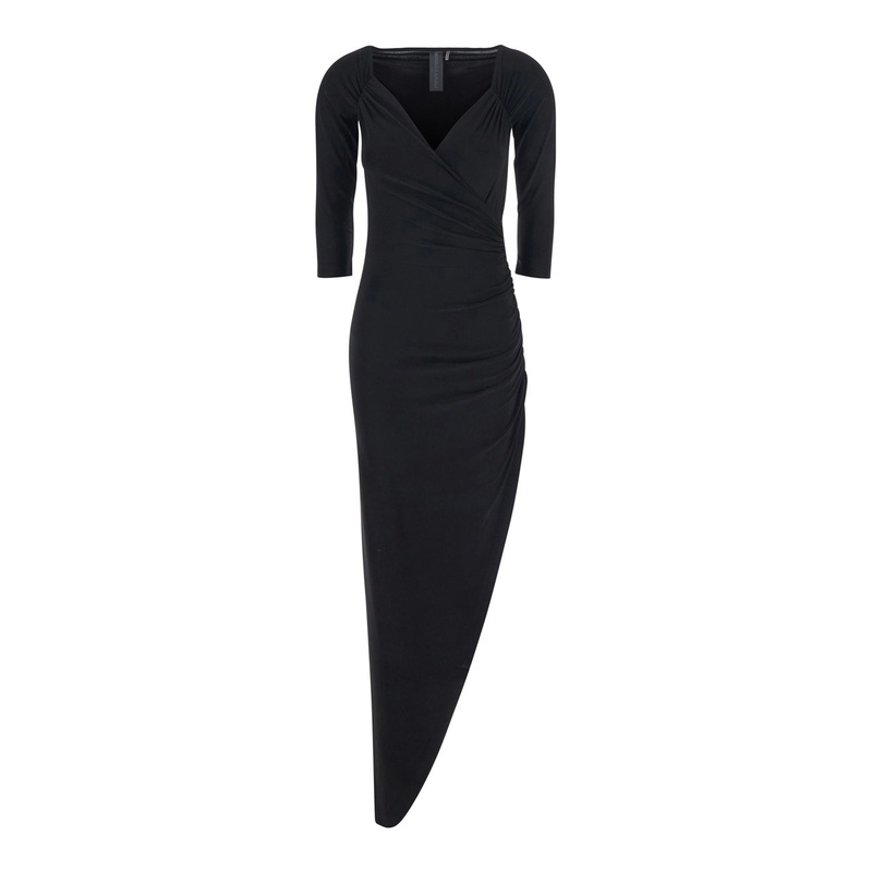 Black Dress with Draped Details and Bare Shoulders in Tech Fabric Woman