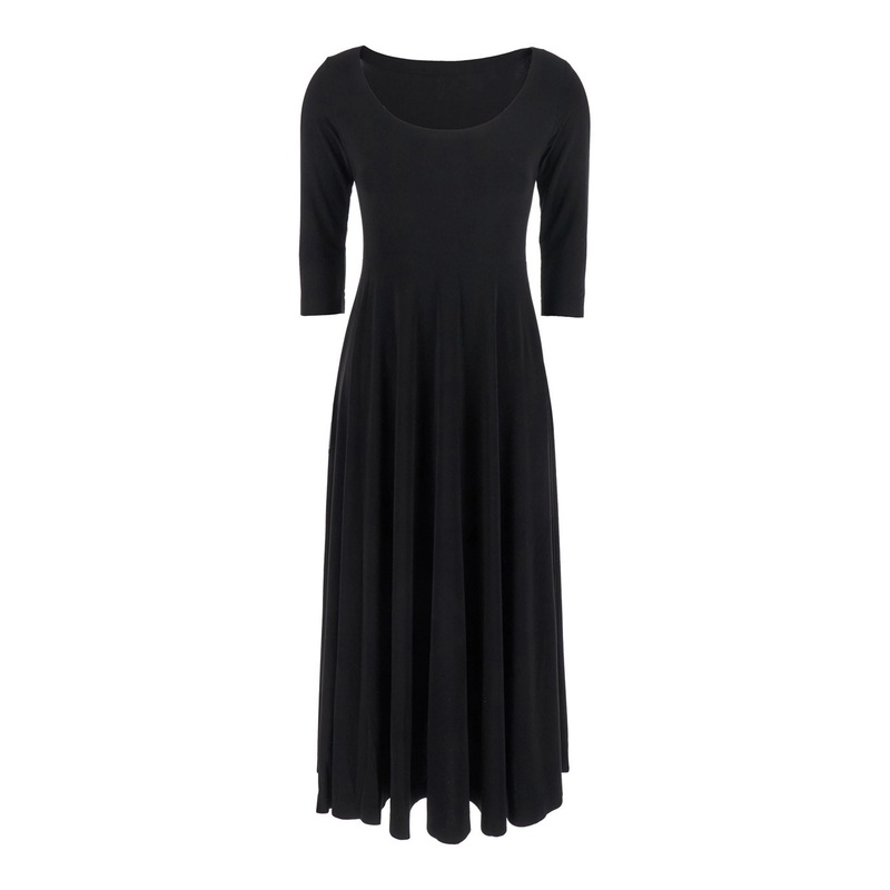 Black Long Dress with Round Neck and Flared Skirt in Tech Fabric Stretch Woman