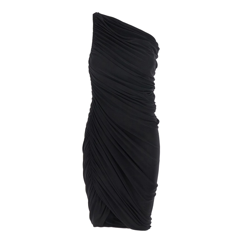 Black One-Shoulder Dress with Asymmetric Neckline and All-Over Ruches in Tech Fabric Stretch Woman