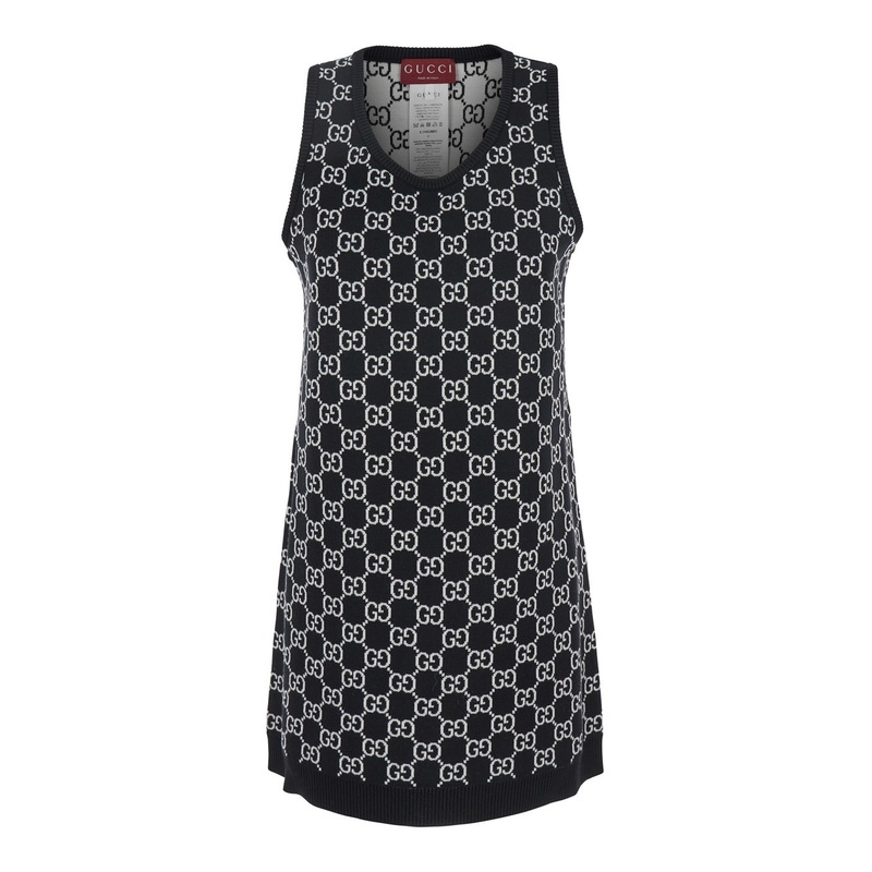 Black Sleeveless Mini Dress with Round Neck in GG Canvas Woman