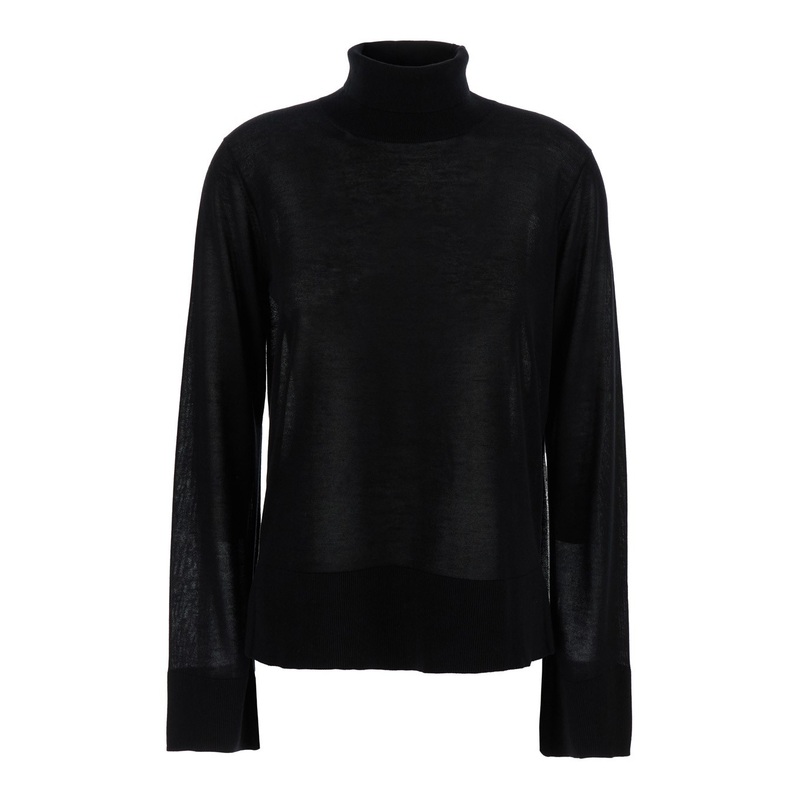 Black Turtleneck Sweater with Slit Sleeves in Tech Fabric and Cashmere Woman