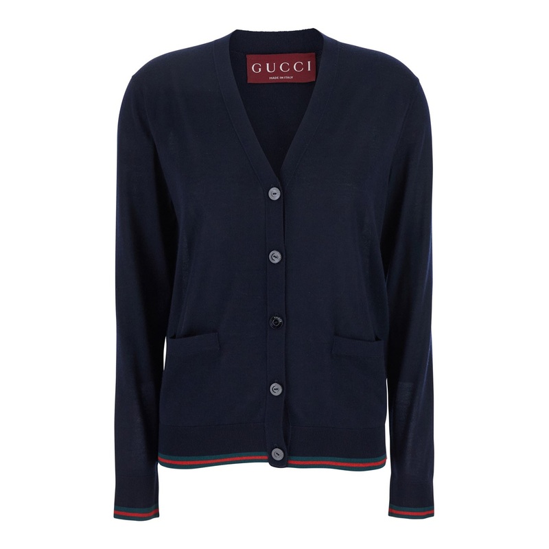 Blue Cardigan with Web Detail on the Edges in Cashmere and Silk Blend Woman