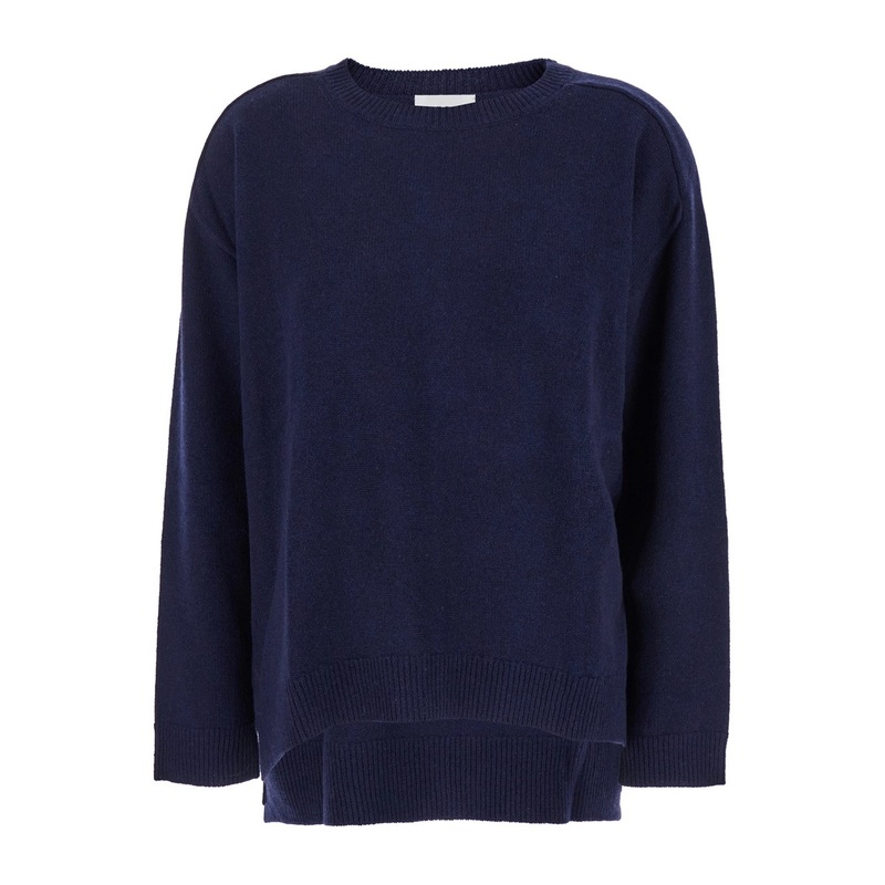 Blue Crewneck Sweater with Asymmetric Hem in Wool and Cashmere Woman