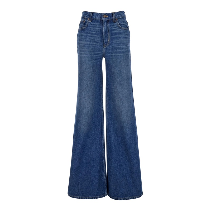 Blue HIgh Waisted Jeans with Wide Leg and Logo Patch on the Rear in Denim Woman