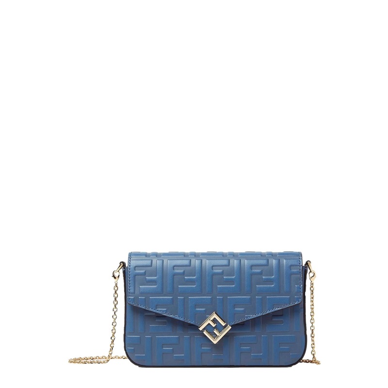 Blue Mini Bag with Chain-Link Shoulder Strap and All-Over FF Embossed Motif in Leather Woman