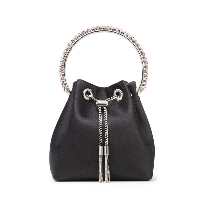 ‘BON BON’ Mini Black Handbag with Metal Crystal Bracelet Handle in Satin Fabbric Woman