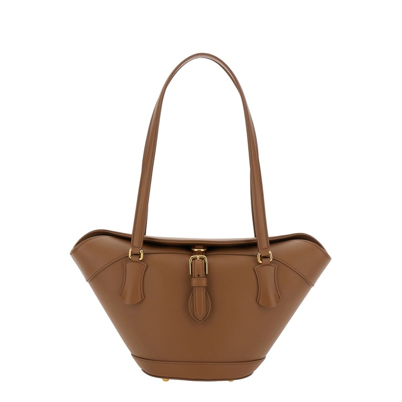 Brown Shoulder Bag with Two Top Handles and Buckle Closure on the Front in Leather Woman