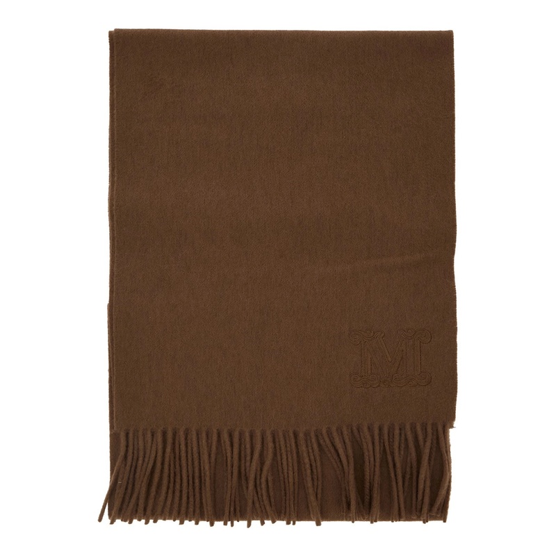 ‘Dalia’ Brown Rectangular Scarf with Logo Embroidery on the Front and Fringed Hem in Cashmere Woman