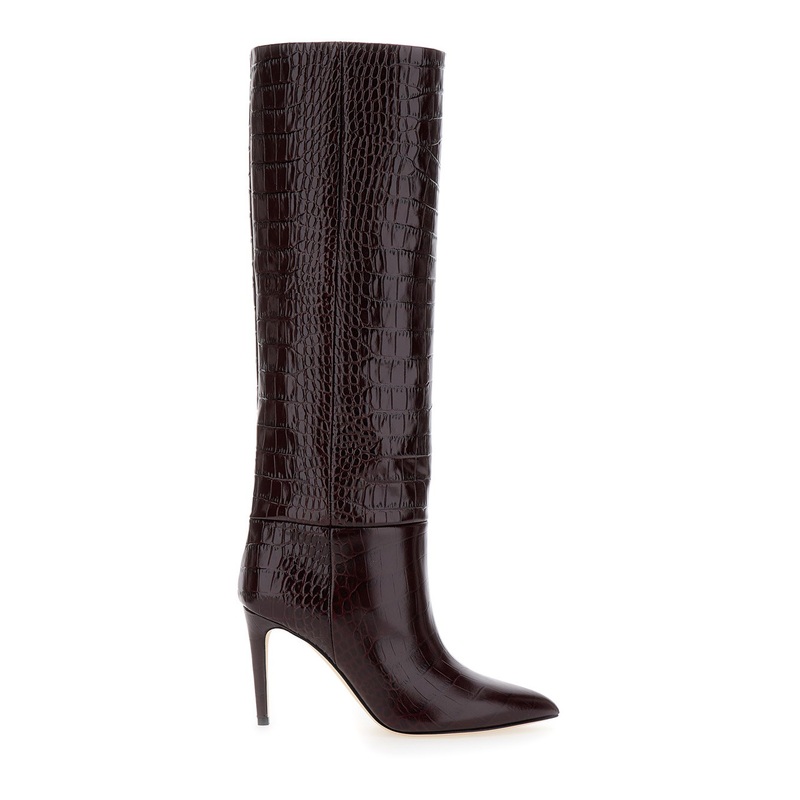 Dark Bordeaux High Boots with Stiletto Heel in Croco Embossed Leather Woman
