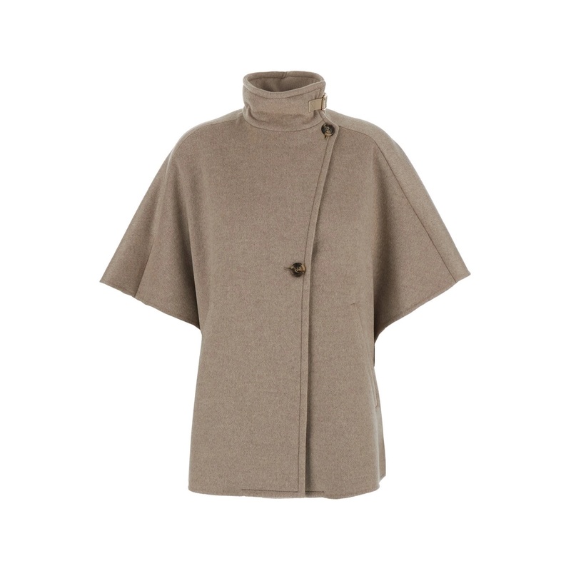 ‘Derrik’ Beige Turtleneck Cape with Buckle Detail on the Collar in Cashmere Woman