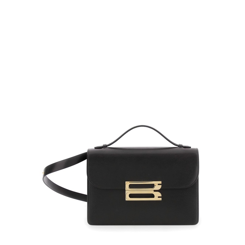 ‘Dorian’ Black Shoulder Bag with Adjustable and Removable Shoulder Strap and Logo Plaque on the Front in Leather Woman