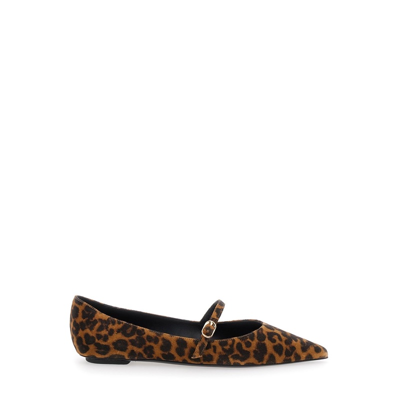 ‘Emilia’ Brown Ballet Shoes with Adjustable Strap Closure and All-Over Leopard Motif in Suede Woman