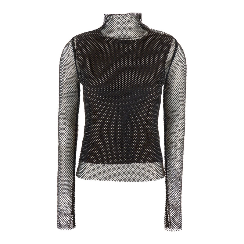‘Gerarda’ Black High Neck Top with Mesh Panels and Layered Design in Tech Fabric Woman