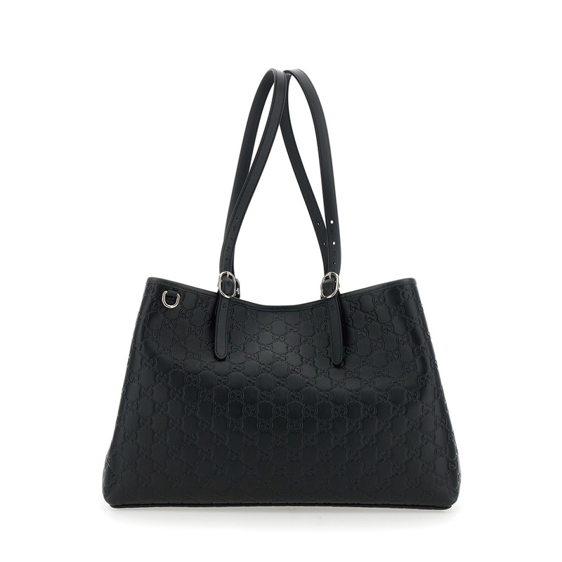 ‘GG Emblem’ Black Big Tote Bag with Two Top Handles and All-Over GG Embroidery in Leather Woman