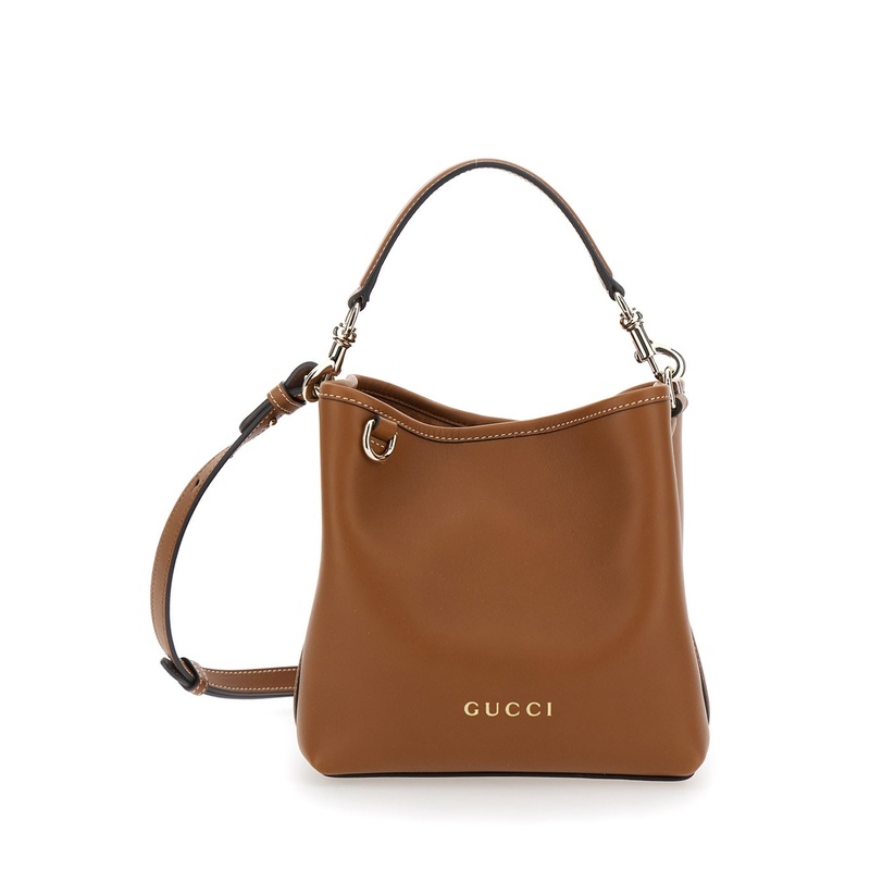‘GG Emblem’ Brown Bucket Bag with Metallic Logo Lettering on the Front in Leather Woman