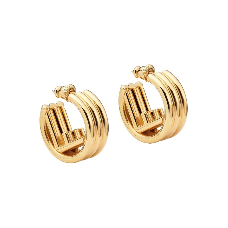 Gold Colored Earrings with Triple Circle and F Motif in Bronze Woman