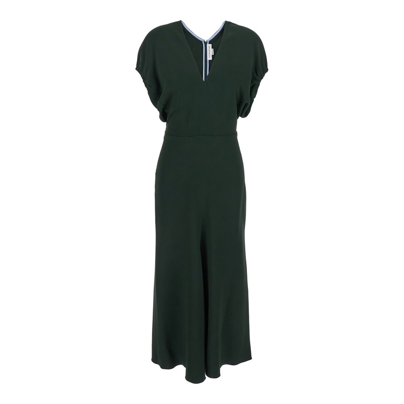 Green Midi Dress with Ruched Sleeves and V Neck in Viscose Blend Stretch Woman