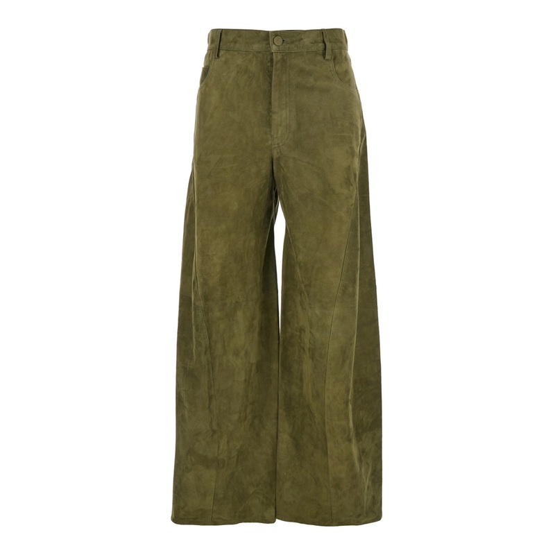 Green Pants with Wide Leg and Logo Patch on the Rear in Suede Woman