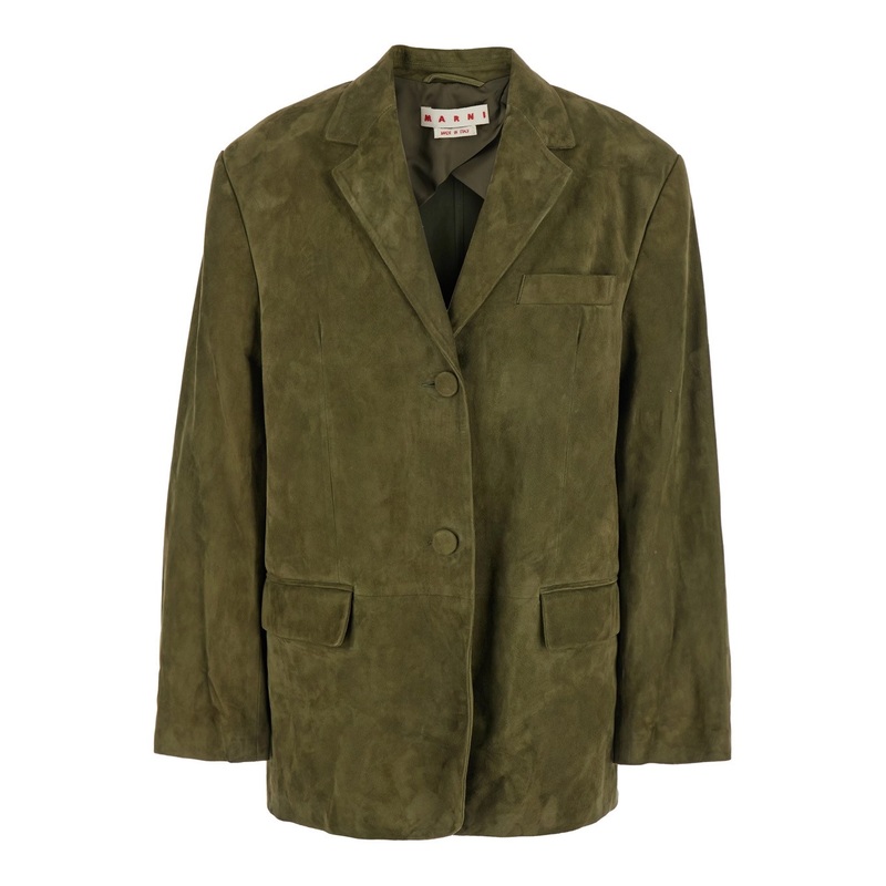 Green Single-Breasted Jacket with Notched Revers and Logo Patch on the Rear in Suede Woman