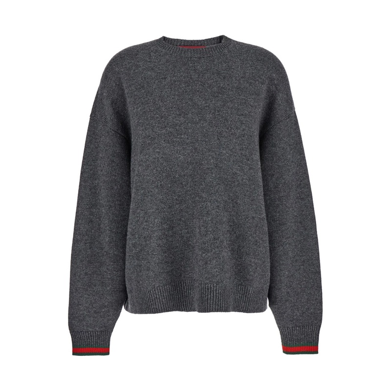 Grey Crewneck Sweater with Web Detail on the Cuffs in Wool and Cashmere Blend Woman