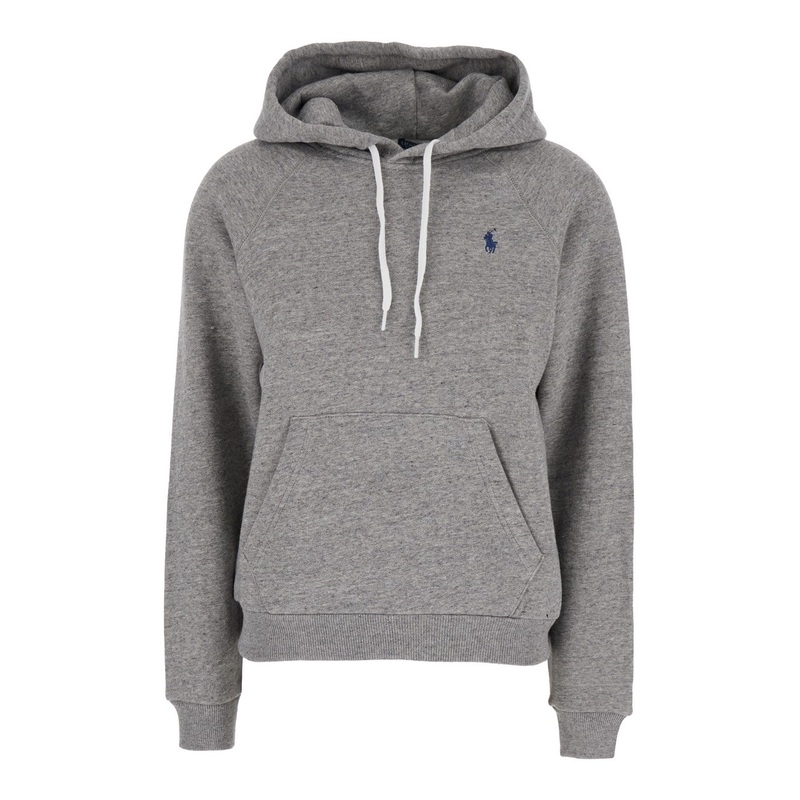 Grey Hoodie with Drawstring Hood and Pony Embroidery on the Front in Cotton Blend Woman