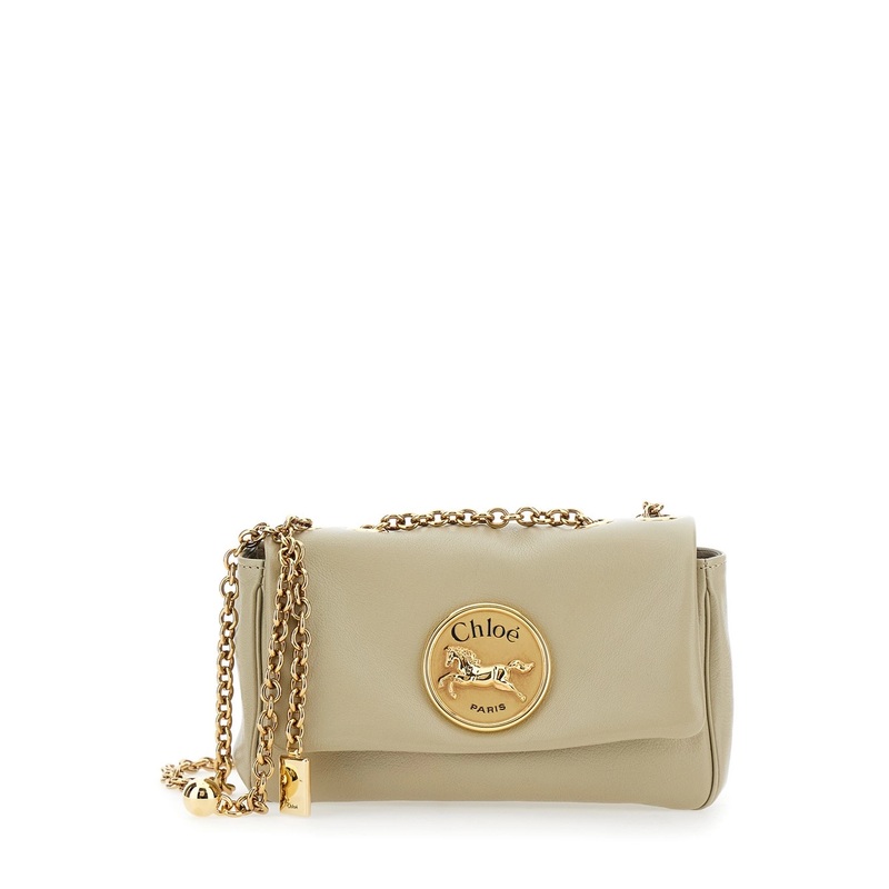 ‘Heritage’ Beige Shoulder Bag with Chain-Link Shoulder Strap and Logo Plaque on the Front in Leather Woman