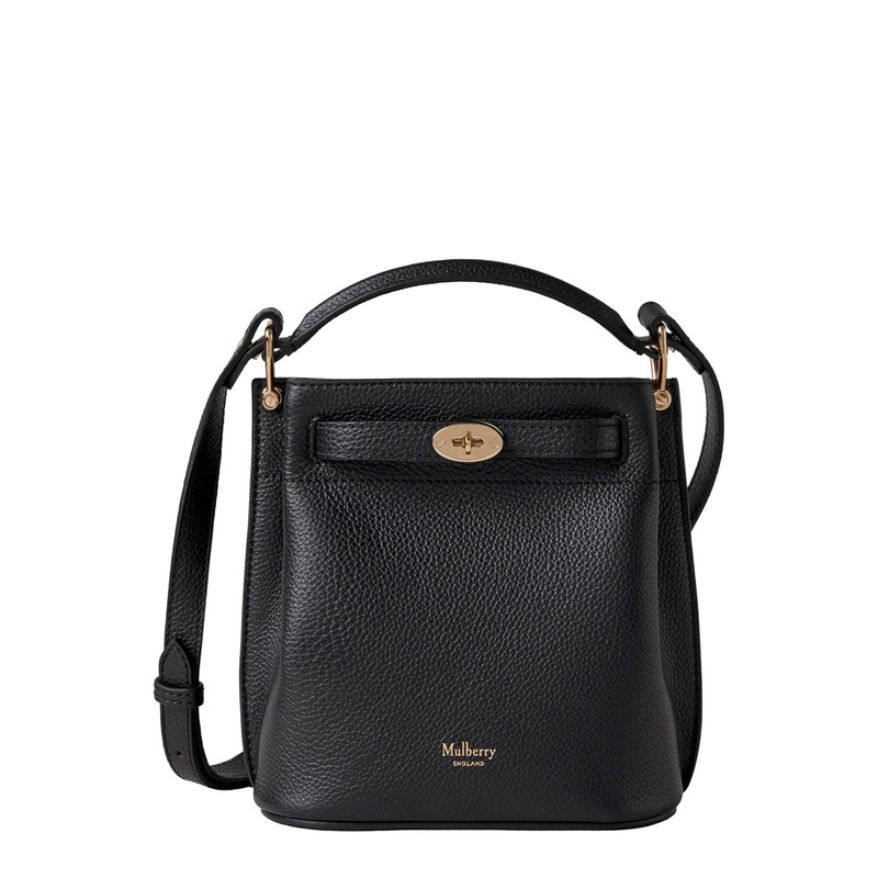 ‘Islington Mini’ Black Bucket Bag with Turn-Lock Closure and Logo in Textured Leather Woman