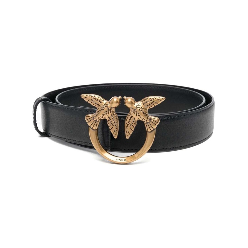 ‘Love Birds’ Black Belt with Logo Buckle in Soft Silky Leather Woman Pinko