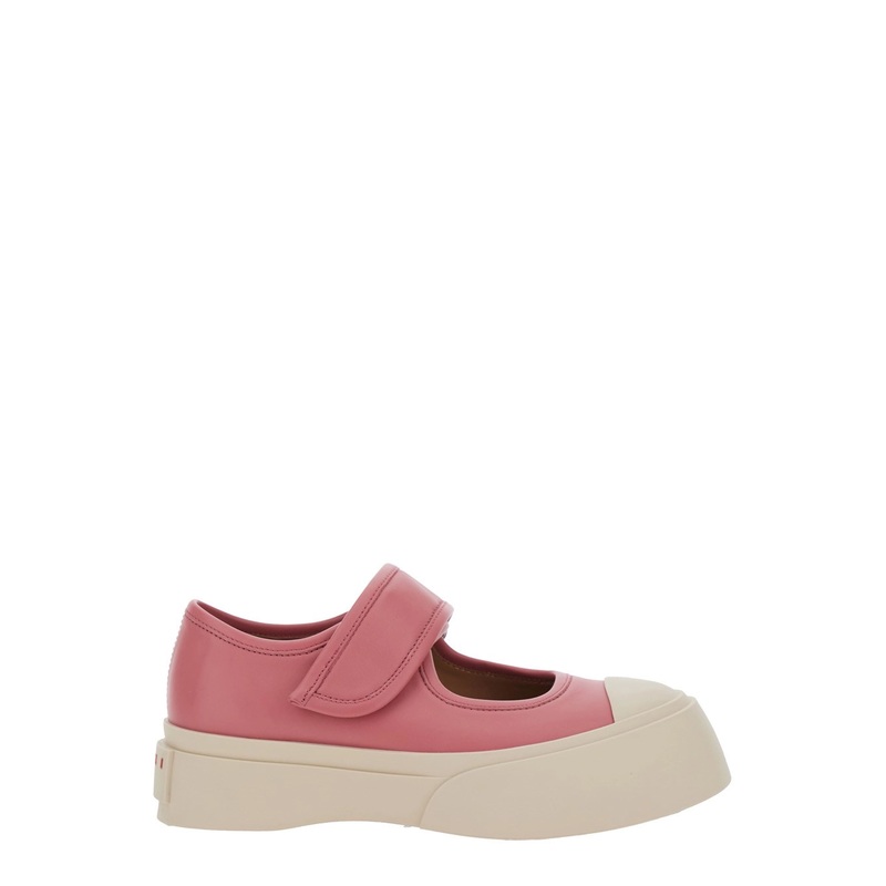 ‘Mary Jane’ Pink Sandals with Touch-Strap Closure and Logo Patch on the Rear in Leather Woman