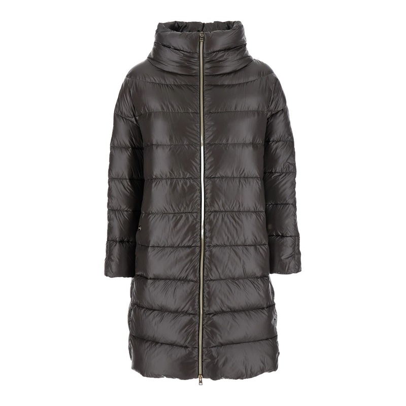 ‘Matilde’ Grey Down Jacket with Mock Neck and Two Front Welt Pockets with Button in Tech Fabric Woman