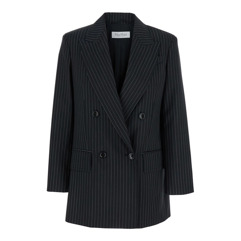 ‘Mattia’ Black Double-Breasted Jacket with Peak Revers and All-Over Striped Motif in Wool Woman