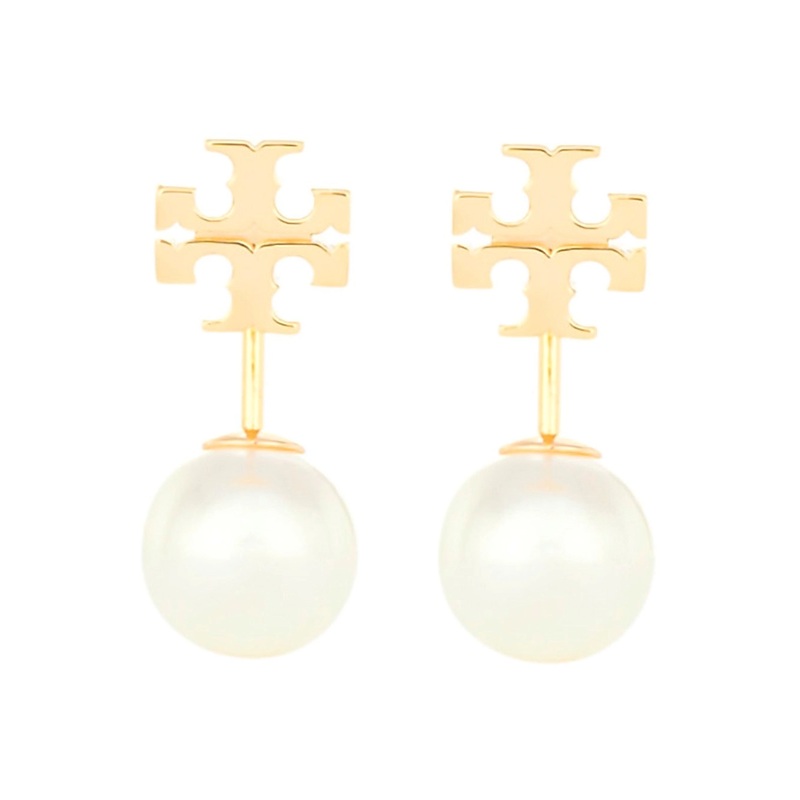 Metallic Earings with Double T Motif and Pearls in Brass Woman