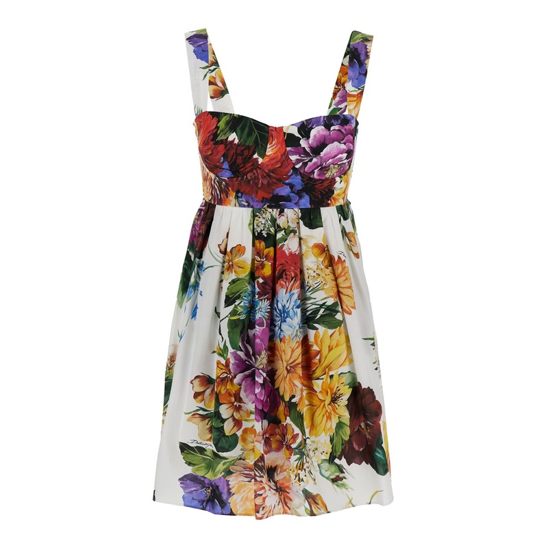 Multicolor Sleeveless Dress with Bustier Style Neckline and All-Over Floral Print in Cotton Woman