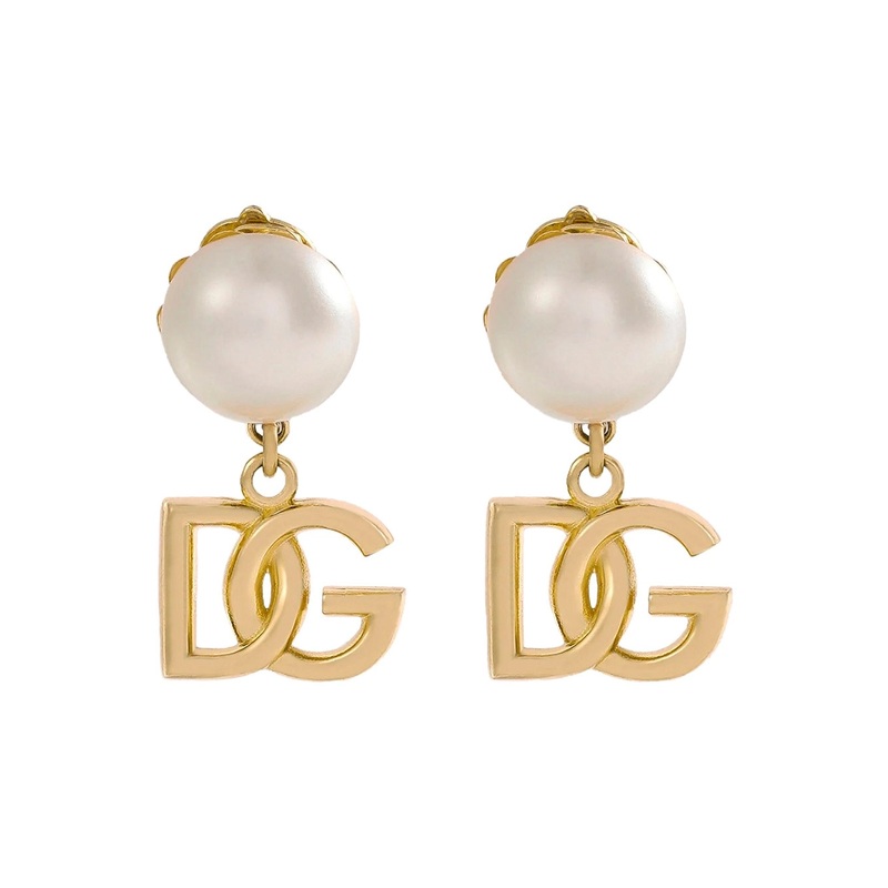 ‘Newton’ Metallic Earings with Logo Pendant and Faux-Pearl Embellishments in Brass Woman